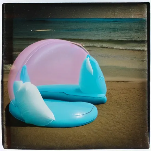 Image similar to a pastel colour high fidelity Polaroid photo from a holiday album at a seaside with abstract inflatable relaxing parachute furniture, all objects made of transparent iridescent Perspex no people, iridescence, nostalgic