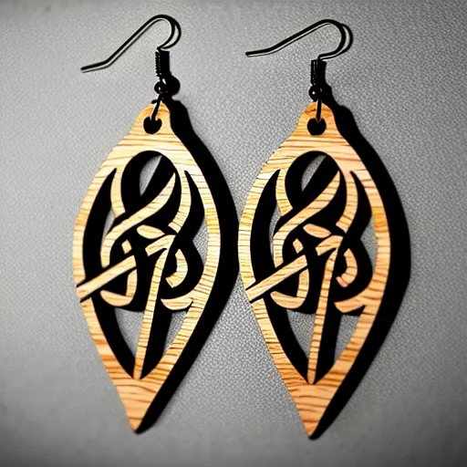 Image similar to 2 d wood lasercut earrings, mystical symbols, 8 k, hd, trending on amazon on artstation, trending on deviantart, trending on etsy, epic digital art