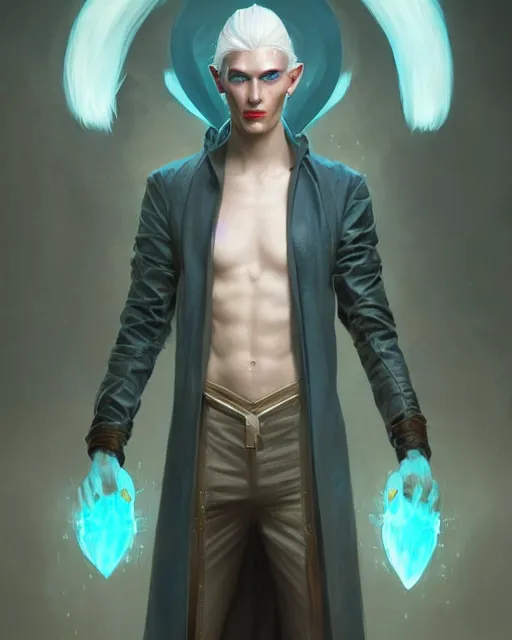 Image similar to character portrait of a slender young half elven man with white hair, piercing turquoise blue eyes, and pale blue skin, by greg rutkowski, mark brookes, jim burns, tom bagshaw, trending on artstation