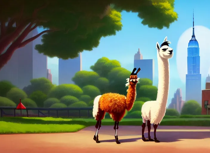 Image similar to a wholesome animation key shot of a llama, wearing a fez, new york zoo in the background, studio ghibli, pixar and disney animation, sharp, rendered in unreal engine 5, anime key art by greg rutkowski, bloom, dramatic lighting