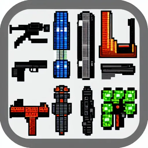 Prompt: pixel art gun icons