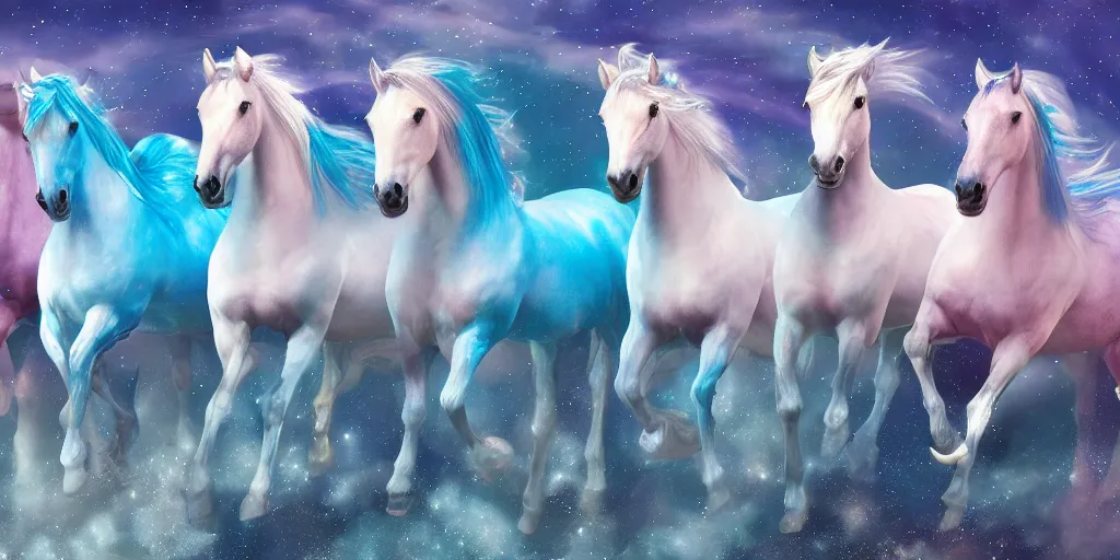 Image similar to a group of cyan spectral ghostly translucent horses with riders fly overhead in the starry twilight sky, high detail, sharp, digital art