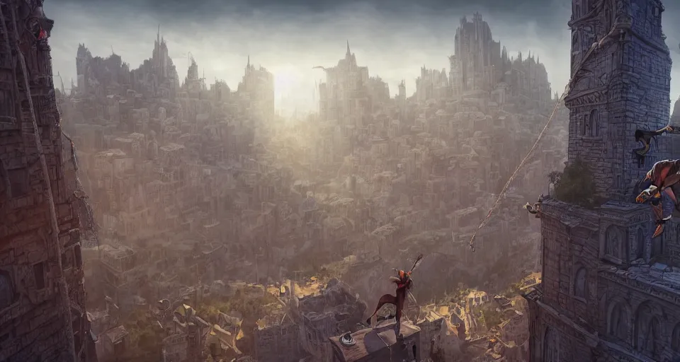 Image similar to an epic fantasy comic book style landscape painting of a hooded thief climbing a tall building with a city using a rope, unreal 5, daz, hyperrealistic, octane render, dynamic lighting