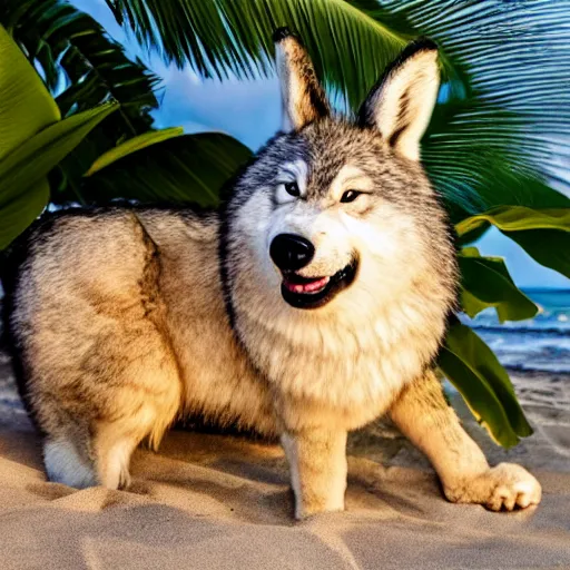 Prompt: a photorealistic adorable fierce furry monster with long fur long floppy rabbit ears chubby body and wolf body and wolf legs with thick stubby claws, Smiling at the camera with a mischievous grin, happy lighting, at a tropical beach