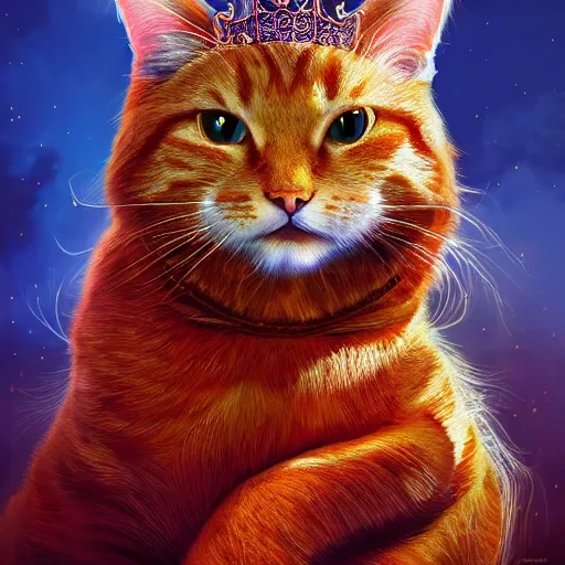 Prompt: colossal orange royal king tabby cat wearing an intricate detailed golden crown, golden hour, fantasy, vivid colors, sharp focus, digital art, hyper - realistic, 4 k, unreal engine, highly detailed, hd, dramatic lighting by brom, trending on artstation