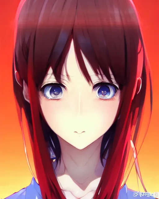 Image similar to beautiful anime woman, wearing full clothing red shirt brown pants, black and red hair hair, galaxy eyes, clockpunk, symmetrical face, symmetrical eyes, full round face, short smile, detailed, summer setting, cinematic lighting, medium shot, mid - shot, makoto shinkai, artgerm, ilya kuvshinov, loish