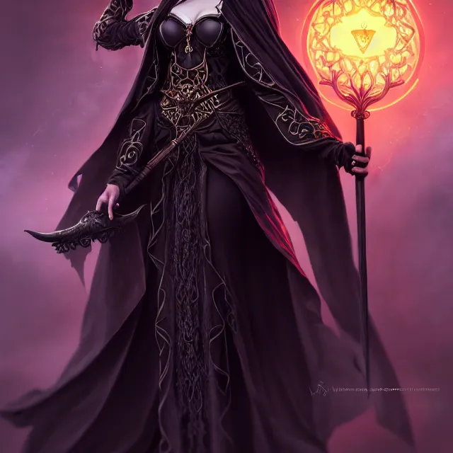 Prompt: beautiful elemental darkness witch with ornate black robes and staff, highly detailed, 4 k, hdr, smooth, sharp focus, high resolution, award - winning photo, artgerm, photorealistic