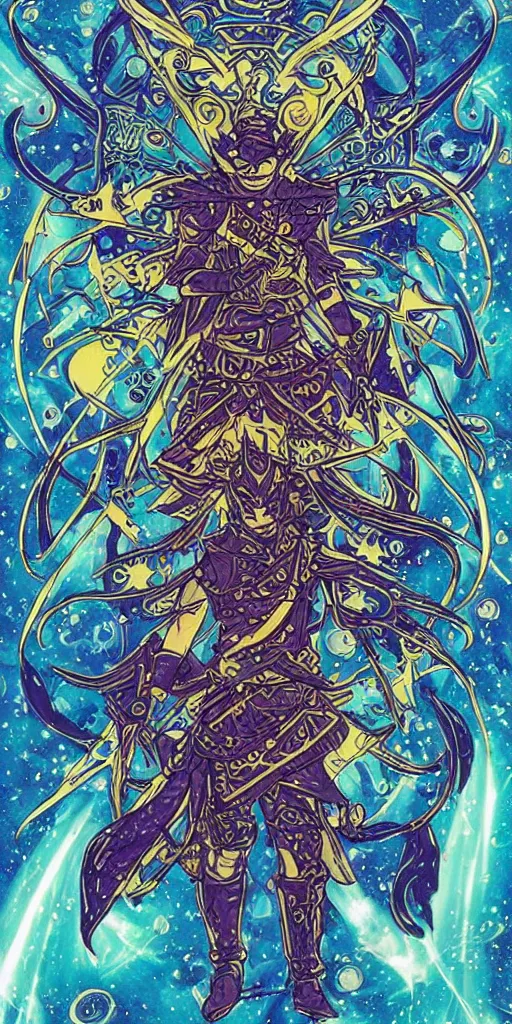 Image similar to a ninja from final fantasy 14, intricate, amazing line work, cosmic, psychedelic, cheerful, colorful, tarot cards, the devil tarot card