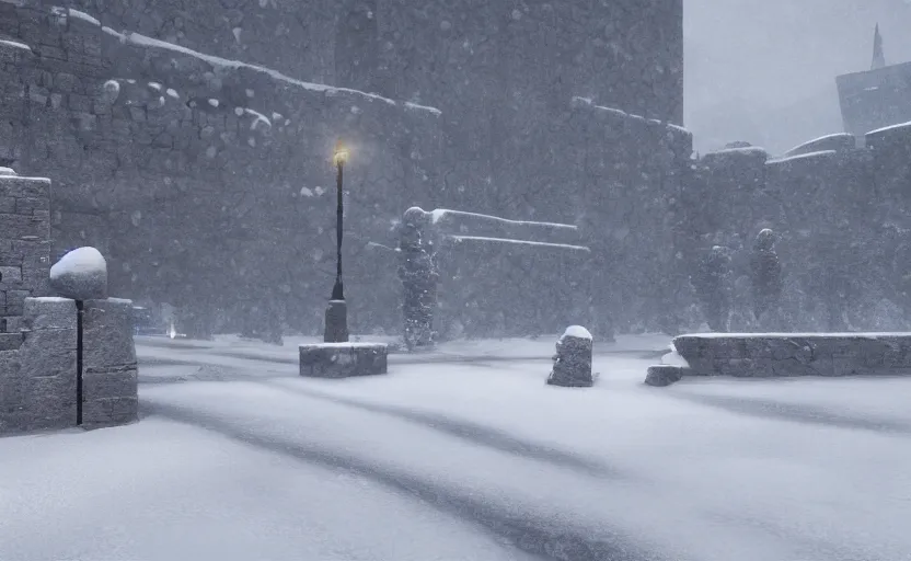 Image similar to the high city wall in the snowstorm, doomy, Unreal Engine, cinematic photography, highly-detailed, games of thrones, HBO, high resolution, 8k, photorealistic, stunning volumetric lighting