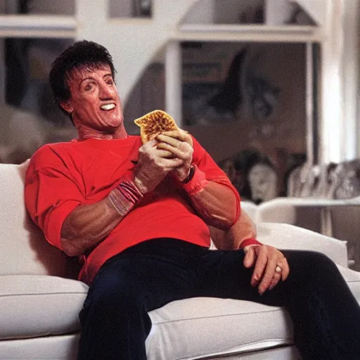 Prompt: sylvester stallone eating doritos sitting on a couch on mars