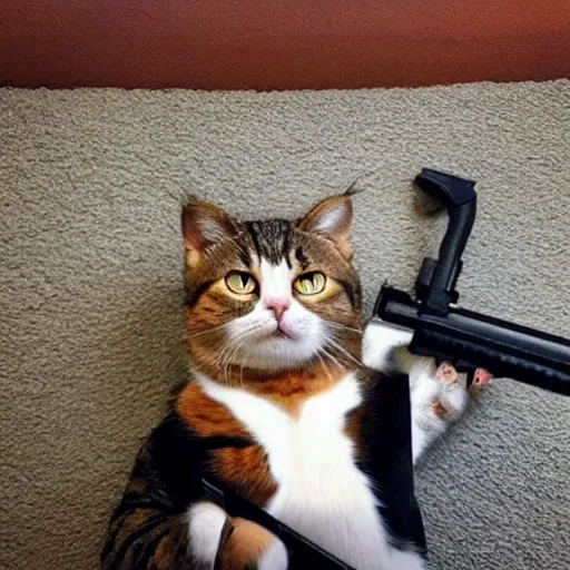 Image similar to a very cute cat holding a shotgun to the camera