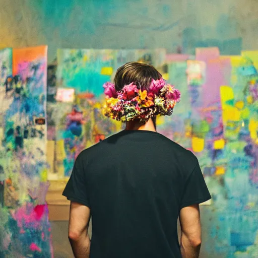 Image similar to kodak portra 4 0 0 photograph of a skinny guy wearing a hat standing in cluttered art studio, back view, flower crown, moody lighting, moody vibe, telephoto, 9 0 s vibe, blurry background, vaporwave colors, faded!,