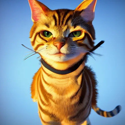 Image similar to tabby cat, golden hour, fantasy, sharp focus, digital art, hyper realistic, 4 k, unreal engine, highly detailed, hd, dramatic lighting by brom, trending on artstation, goku hairstyle