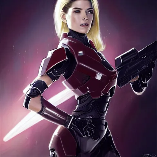 Image similar to A combination of Ashley Greene's and Ada Wong's and Grace Kelly's appearances with blonde hair wearing Forerunner armor from Halo, high tech, action shot, angular, full body portrait, futuristic, dramatic, fantasy, intricate, elegant, highly detailed, artstation, matte, sharp focus, 8K, art by Artgerm and Greg Rutkowski and Alphonse Mucha