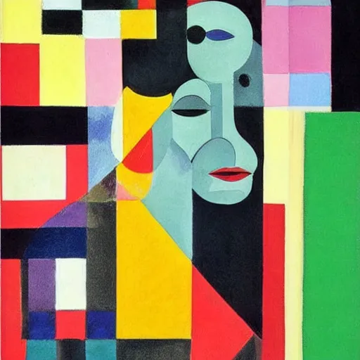 Image similar to painting on a person on the phone, abstract, collage, geometric abstraction, block colours, painting by Sonia Delaunay, beautiful