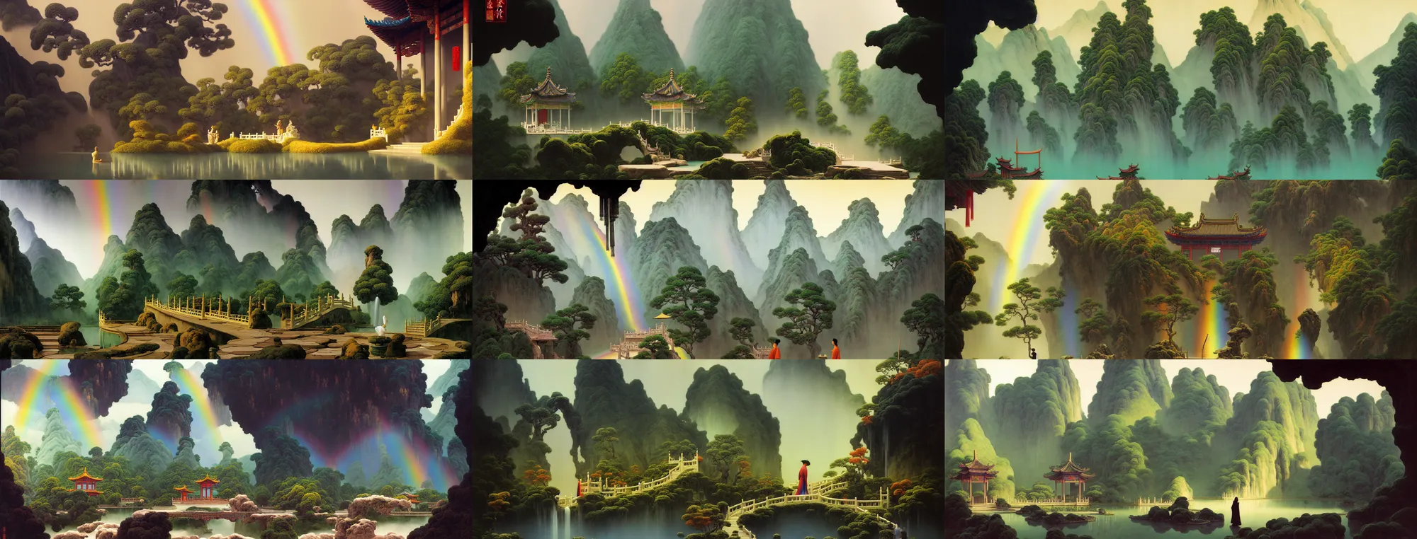 Image similar to a gorgeous landscape painting by barlowe wayne, maxfield parrish and marco mazzoni. chinese temple. rainbow, rainy mood!! sunny morning. a lonely chinese wuxia walks on the winding stone steps, stone gate to the dark cave, 3 d, octane render, turbulent lake, waterfall, fog, 8 k.