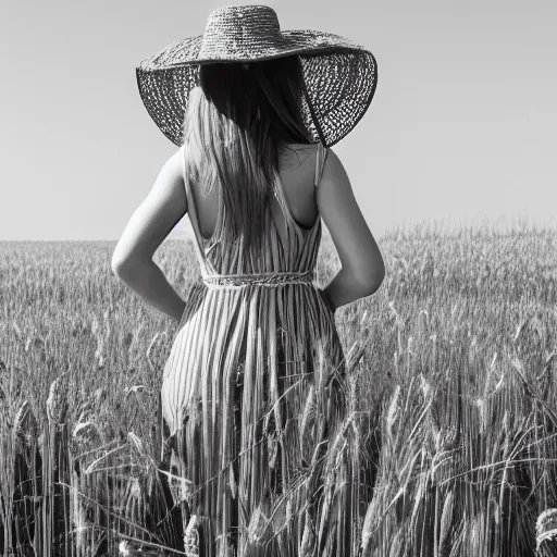 Image similar to a magazine photo of an attractive young woman wearing a sundress and straw hat, walking through a field of wheat, her hand grazing on the wheat as she walks by, glancing over her shoulder, shot from behind, three quarter portrait