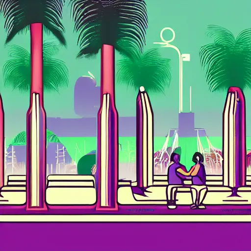 Prompt: art deco vaporwave illustration of a park with trees, benches, and a few people playing a tile game, with a futuristic pink pastel city in the background
