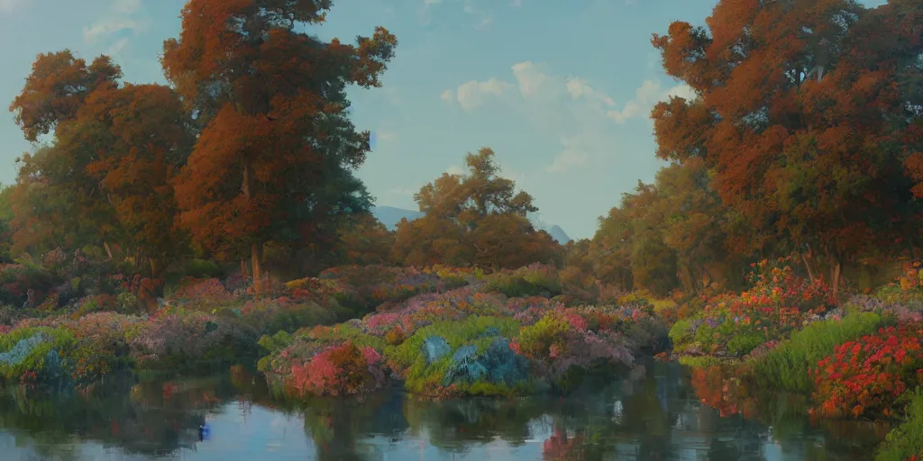 Image similar to landscape painting at noon by james jean and David Schnell painted with big brushstrokes, rendering, redshift, octane