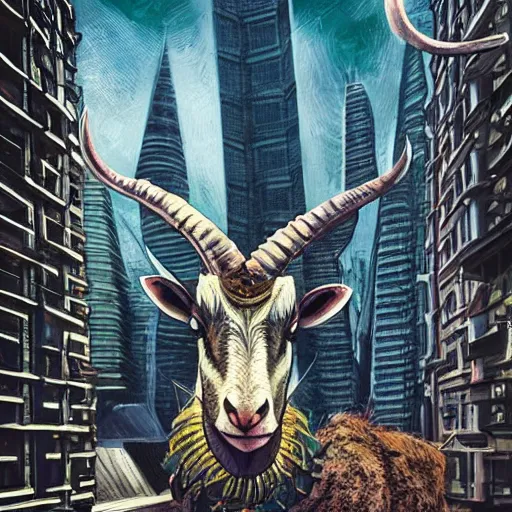 Image similar to a horned goat in a cityscape, intricate, futuristic, ultra realistic, hyper detailed, cinematic, bold,