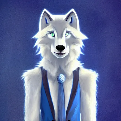 Image similar to furry ( fandom ) art of a cute anthropomorphic white wolf with blue accents and blue eyes, digital art, painting, trending on furaffinity, stylised, adorable