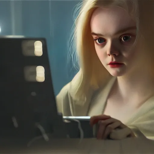 Prompt: Elle Fanning hacking a computer at night in the world of Edward Hopper, stormy snowy weather, streetlights, extremely detailed masterpiece, oil on canvas, low-key neon lighting, artstation, Blade Runner 2049, Roger Deakin’s cinematography, by J. C. Leyendecker and Peter Paul Rubens,