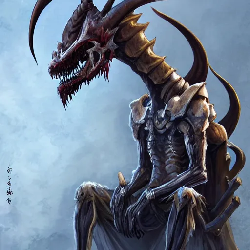 Image similar to concept art painting of a dragonlike anthropomorphic humanoid creature with a long dragon neck and horned skull mask, sitting on a throne, realistic, detailed, cel shaded, in the style of makoto shinkai and greg rutkowski and james gurney