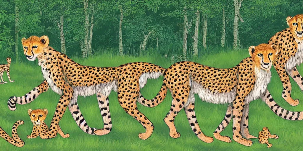 Image similar to whole family of cheetah and lion in happy forest , huge scale, high detail, intricate by Axel Scheffler