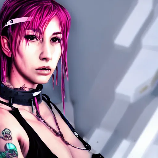 Image similar to detailed realistic cyberpunk female character cyberpunk wearing steel collar around neck, realistic, art, beautiful, 4K, collar, choker, collar around neck, punk, artstation, detailed, female, woman, choker, cyberpunk, neon, punk, collar, choker, collar around neck, thick collar, choker around neck, wearing choker, wearing collar, bright neon punk hair,