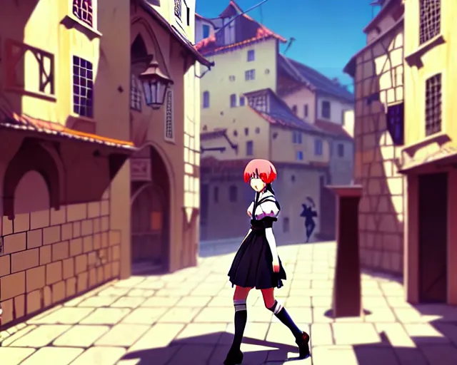 Prompt: anime still frame portrait of a young female walking through a busy medieval village, dynamic pose, dynamic perspective, detailed silhouette, cel shaded anime, ilya kuvshinov