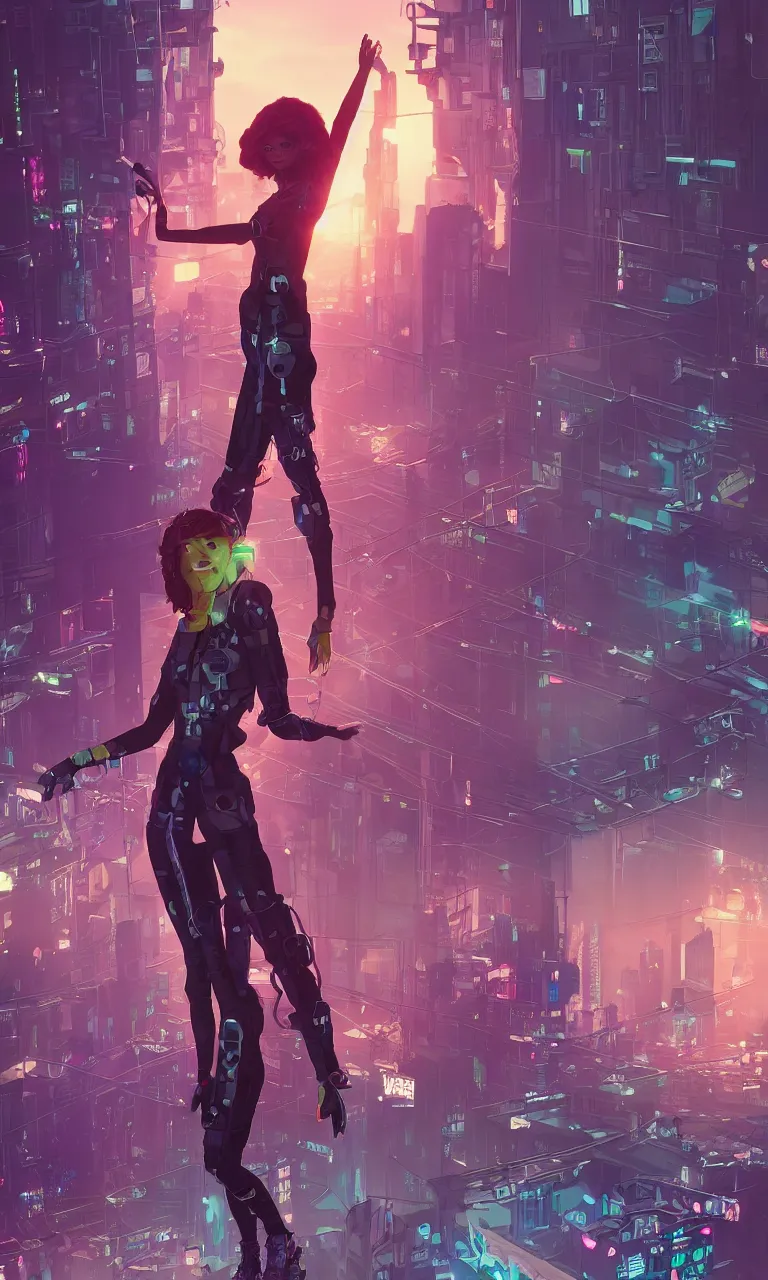 Image similar to zendaya as a cyberpunk hero standing on the rooftop of cybertown, art poster, full body, t - pose, character design, ambient lighting, 4 k, lois van baarle, ilya kuvshinov, rossdraws, alphonse mucha, jung gi kim, dylan kowalsk, artstation