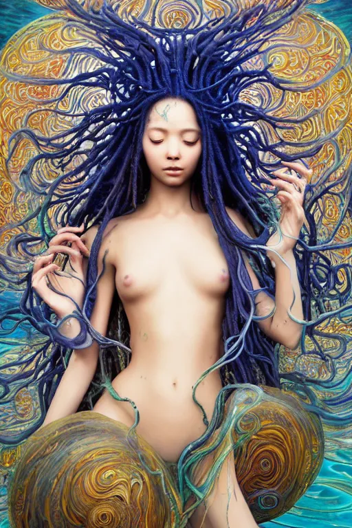 Image similar to a centered full body render of a dancing festival hippy with long flowing dreadlocks surrounded by a underwater ink pour and flowing liquid gallium and sacred geometry, perfect body and face, gorgeous, cinematic, beautifully lit, by miho hirano, by karol bak, by donato giancola, 3 d, trending on artstation, octane render, 8 k