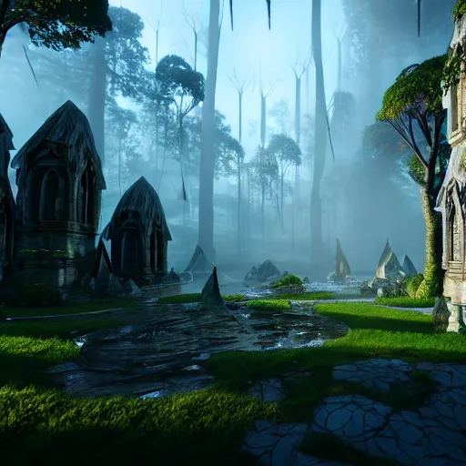 Image similar to inside a ethereal magical elven city, 8k, HDR, cinematic, volumetric lighting, unreal engine 5