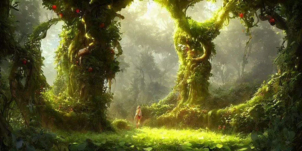 Image similar to hidden forest paradise, lush vines and flowers, fruits, (((((((((((people)))))))))))), digital painting, art by greg rutkowski, artgerm