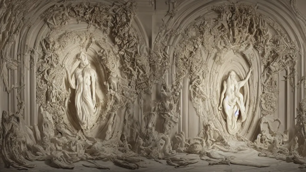 Image similar to an epic sculpture made of marble and ivory, the portal of infinite sadness, by gustave dore, by emil melmoth, by alphonse mucha, hell, sculpture standing on in a large studio space, monumental, epic, rococo, generative, detailed, intricate, volumetric lighting, realistic, octane render, in frame, 2 0 % pearlescent detailing