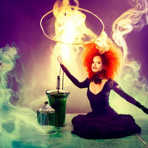 Image similar to black cat, teen witch mixing a spell in a cauldron, wispy smoke, witch hat, studio photography, green glowing smoke is coming out of the cauldron, ingredients on the table, apothecary shelves in the background, still from a nickelodeon show