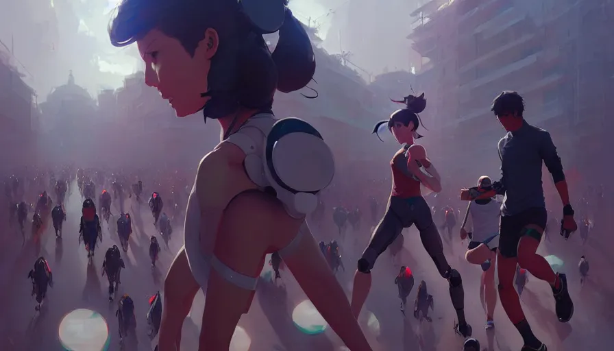 Image similar to marathon with running robots and people, artgerm greg rutkowski makoto shinkai, artstation