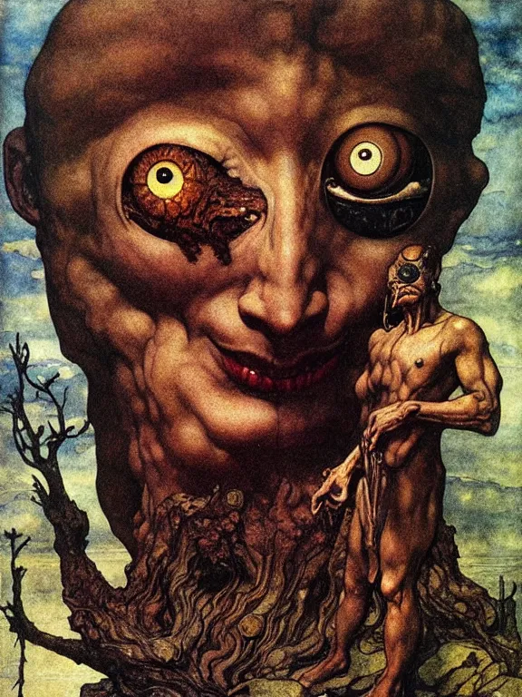 Prompt: one-eyed single-eyed Cyclops Polyphemus concept art with one huge eye. Extremely high detail, details, realistic, solo, masterpiece, colorful, art by Arthur Rackham, Muzinabu, Zdzisław Beksiński, Johann Tischbein, Eugene de Blaas, Frederic Leighton