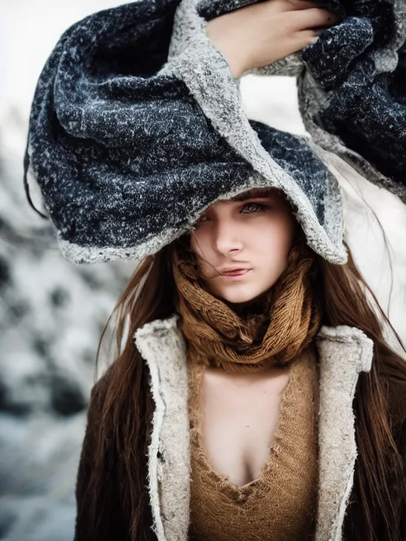 Image similar to hyperdetailed photo of a beautiful ukrainian girl, brown eyes, dark hair, winds of winter, with ripped t - shirt, wool suit