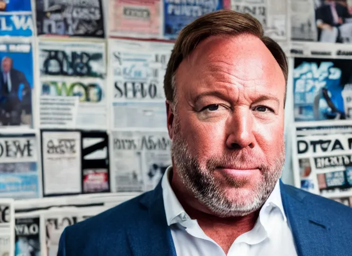 Prompt: dslr photo still of infowars host alex jones in a blue suit fat grey beard and mustache in a!!! room filled to the ceiling with newspapers!!!, 5 2 mm f 1. 8