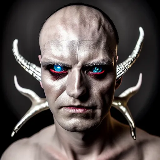 Image similar to photorealistic, iso - 4 0 0, canon eos 5 d mark iv, shot on 7 0 mm, portrait of male archangel bellringer with colloidal silver skin makeup, from lexx by lee jeffries and platon, flames halo ring over head, demonic, horns, fangs, nd 4, perfect studio lighting