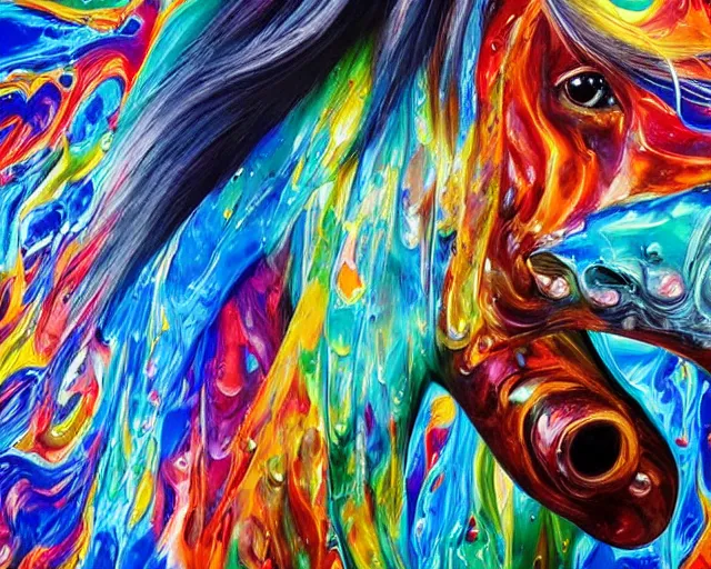 Image similar to still shot close up footage of the portrait of a horse head explodes and disintegrates into acrylic pour and splashing paint, motion blur, hyperrealistic, medical, intricate art photography, anatomically correct, realistic crisp textures, 1 6 k