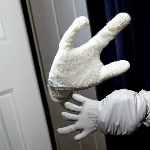 Image similar to a disembodied 5 - fingered white gloved hand sticking out from behind a dark doorway, waving at a terrified boy watching tv in a living room, cinematic lighting, dark living room, doorway with the gloved hand in the distance, haunted, scary