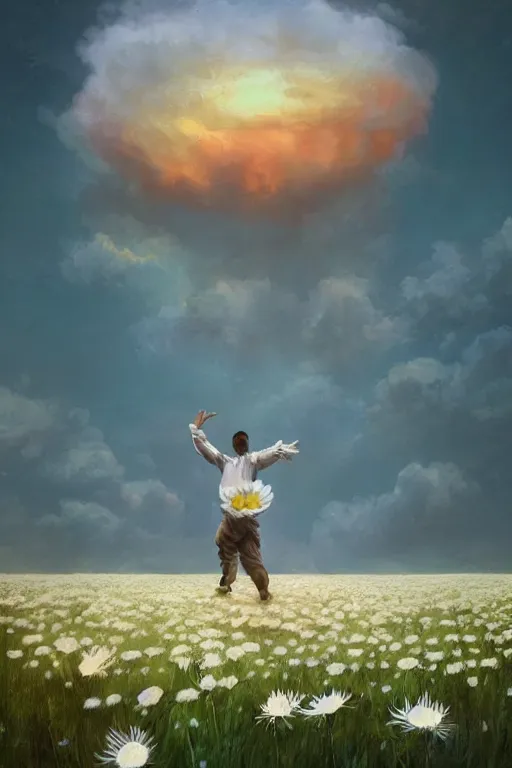 Image similar to giant white daisy flower as head, man dancing in a flower field, surreal photography, sunrise, dramatic light, impressionist painting, colorful clouds, digital painting, artstation, simon stalenhag