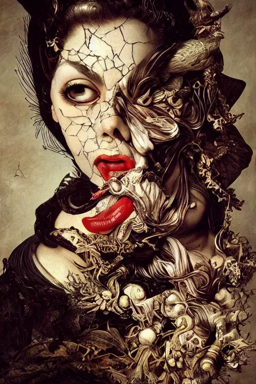 Image similar to Detailed maximalist portrait with large lips and with large white eyes, angry expression, HD mixed media, 3D collage, highly detailed and intricate surrealism, illustration in the style of Caravaggio, dark art, baroque