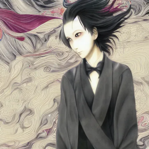 Image similar to yoshitaka amano blurred and dreamy realistic illustration of an anime girl with black eyes, wavy white hair fluttering in the wind wearing dress suit with tie, junji ito abstract patterns in the background, satoshi kon anime, noisy film grain effect, highly detailed, renaissance oil painting, weird portrait angle, blurred lost edges, three quarter view