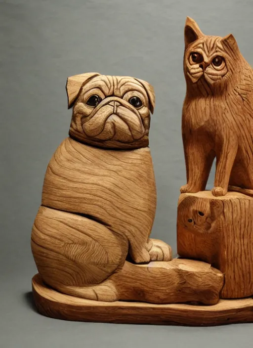 Prompt: wood carving of a pug squaring up to a large tabby cat