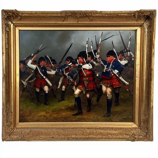 Image similar to Jacobite scottish soldiers charging at british redcoats detailed oil painting