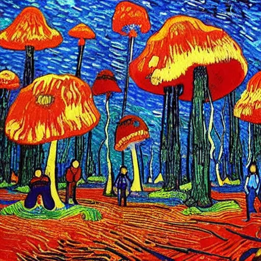 Prompt: psychedelic forest with small people on swings hanging from giant mushrooms, van Gogh