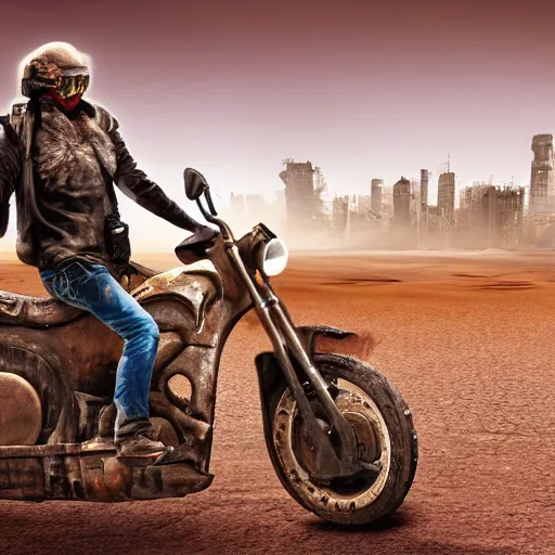 Prompt: Post Apocalyptic scavenger riding a motorcycle in a large desert with a damaged city in the background